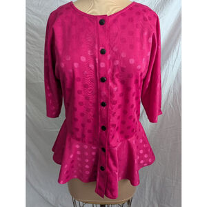 Vtg Fuchsia‎ Polka Dot Peplum Button Down Blouse Feminine Silky Made in the USA